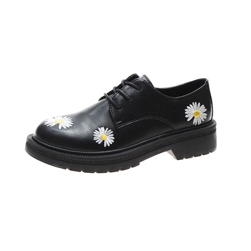 Women 'S Spring Flats Shoes Little Daisy Embroidery Loafers Black Leather Casual Footwear Thicken Sole Shoes
