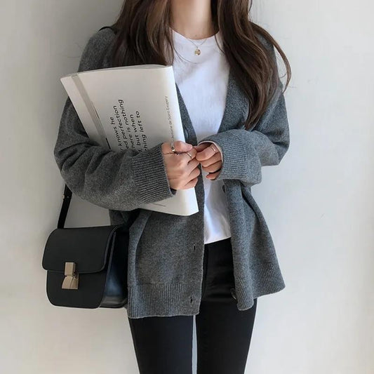 Women's Autumn Sweater Cardigan Long-sleeved Thin V-neck Thickened All-match Solid Color Coat Sweater