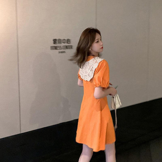 Female Summer Simple Elegant Bubble Sleeve Dress Graceful Slim Lace V-neck Pleated Party Dress