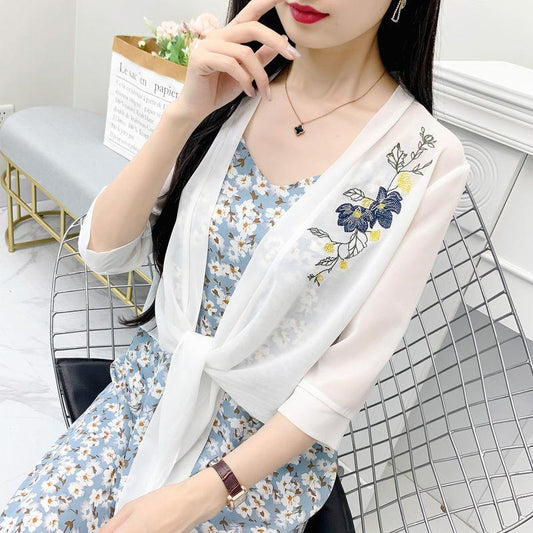 Flower Pattern Embroidery Women's Short Sun Protection Clothing Summer Chiffon Shawl Cardigan Thin