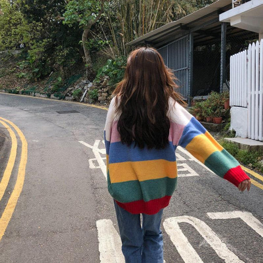 Rainbow Striped Sweaters Women Jumpers Knitted Round Neck Loose Pullover Long Sleeve Knit Sweater Autumn Winter Female