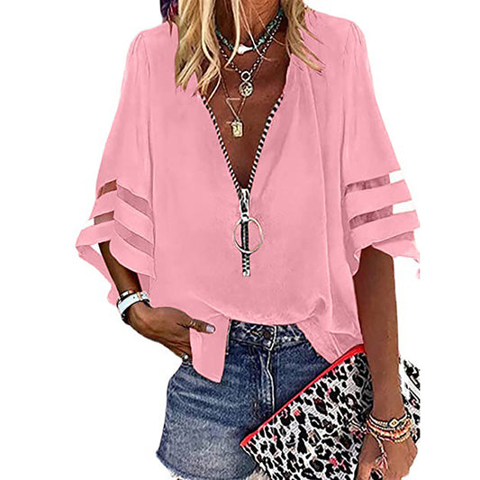 Fashion Woman Blouses 2022 Women V-neck Zip-up Shirt with Half Flared Sleeves Mesh Stitching Loose Casual Women Summer Clothing