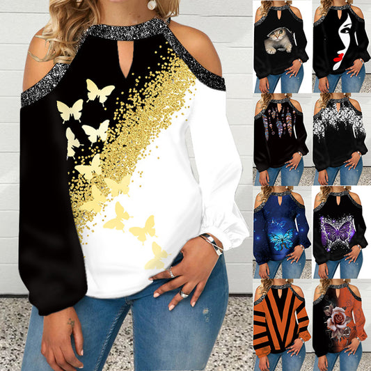 Butterfly Print T Shirt Casual Off Shoulder Cute Cat Loose Pullover Tops Fashion Autumn Clothes Long Sleeve Tops for Women 2022
