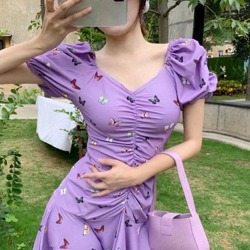 French First Love Butterfly Sweet Little Purple Print Puff Sleeve Fishtail Dress Summer