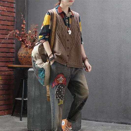 Spring and Autumn Loose Casual Sweater V-neck Cardigan Knitted Vest All-match Retro Female Top