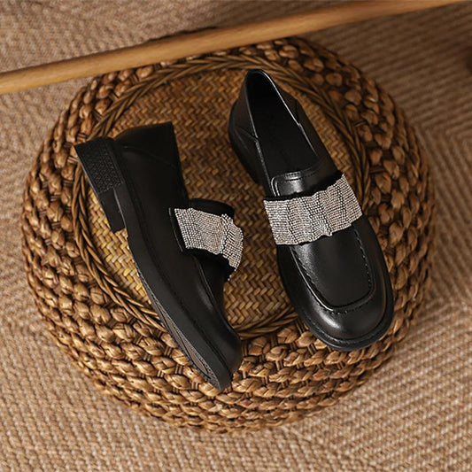British Style Small Leather Shoes College Style Sparkling Rhinestone Single Shoes Women Square Toe Platform Shoes