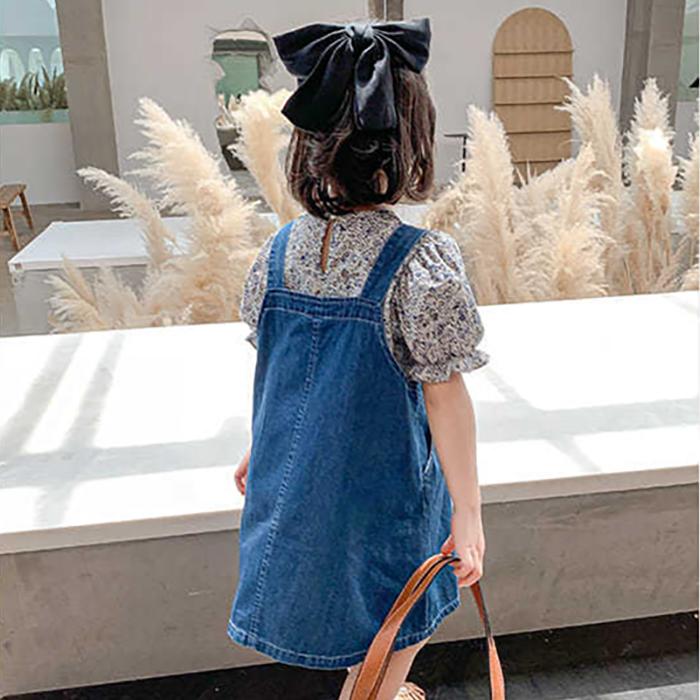 2PCS Children Clothing Set Spring Summer Girls Suits Floral Short Sleeve Tops + Denim Skirt Clothing Hin Strap Skirt Suit