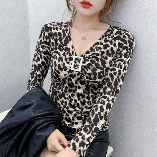 Women's Spring and Autumn Long-sleeved Bottoming Shirt Leopard Print V-neck Slim Top