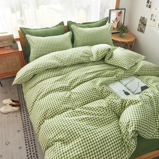 Fashion Simple Cotton Plaid Four-piece Bedding Bedroom Thickening Skin-friendly Quilt Cover Sheet Single Double Dormitory Bedding