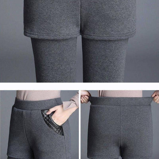 Anti-pilling Leggings for Women's Outer Wear In Autumn and Winter Plus Velvet Warm Feet Pants Stretch Fake Two High-waist Shorts Skirts