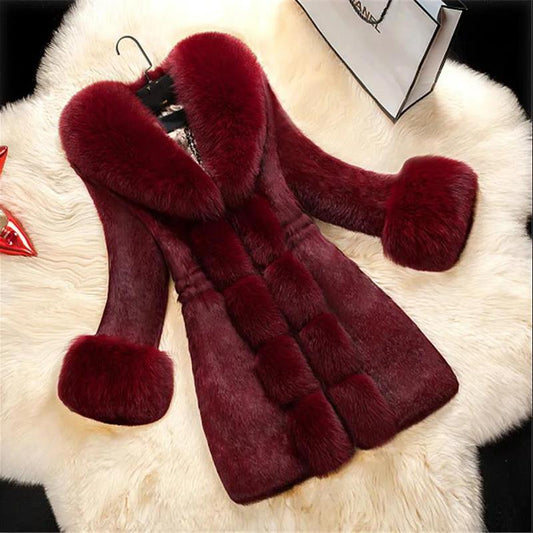 Waist Faux Fur Coat Women's Mid-length Faux Fox Fur Collar Small Rabbit Fur Slim-fit Mink Fur Coat Warm Parka Coat Winter Plush Cotton Jacket