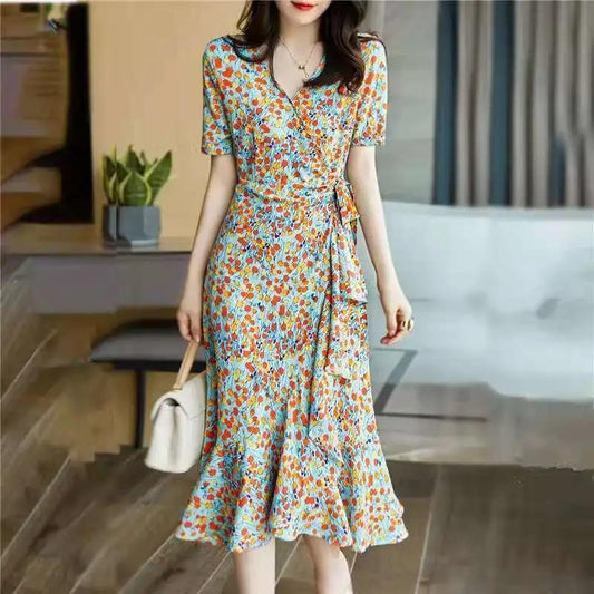 Women's Summer Floral Dress V-neck Slim Mid-length Skirt