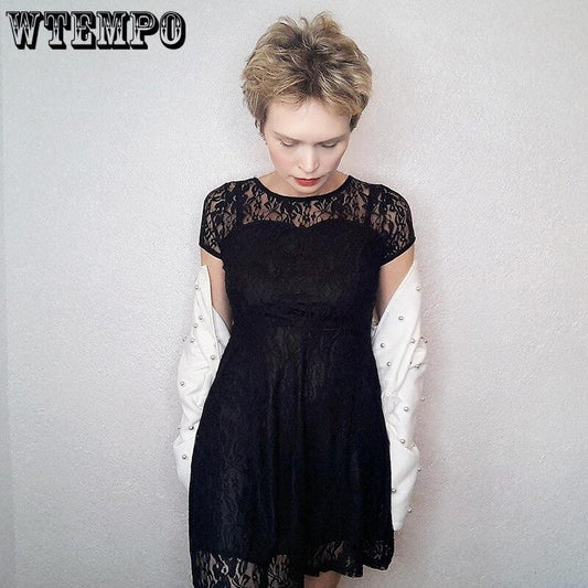 Elegant Lace Dress Women Plus Size Short Sleeve Transparent Black Slim Dresses O-Neck Midi Casual Dresses Summer Vestidos