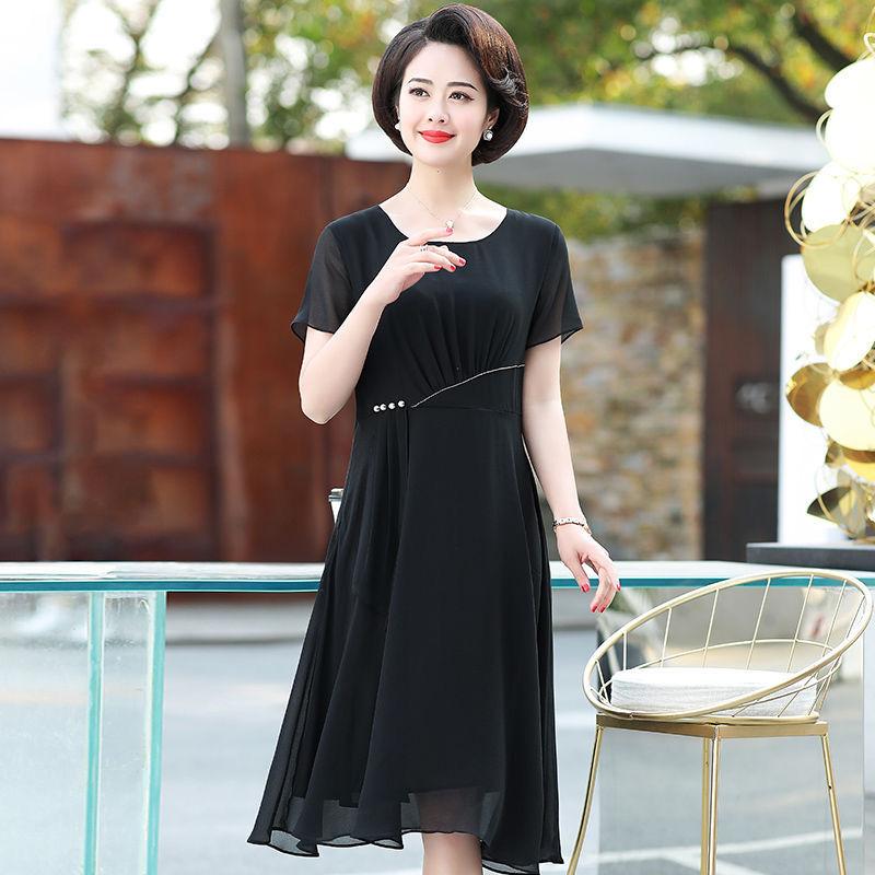 Spring Summer Women's Chiffon Dress Solid Color Short-sleeved Knee-length Skirt Slim Slimming A-line Skirt Red Dress