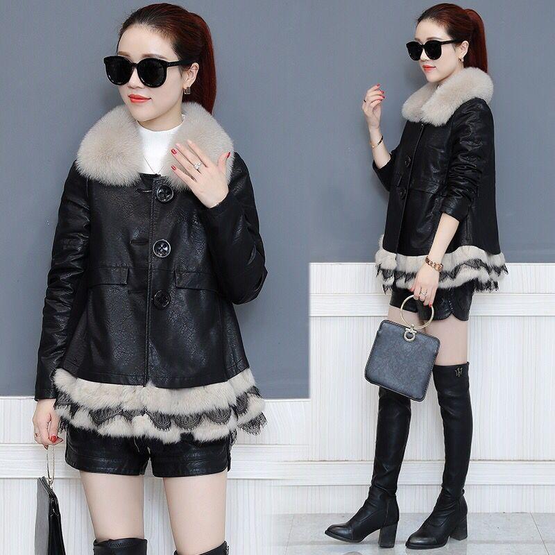 Women's Leather Coat with Faux Fur Collar Mid-length Autumn and Winter Slim Thickening Artificial Leather Jacket with Lace Female Outerwear
