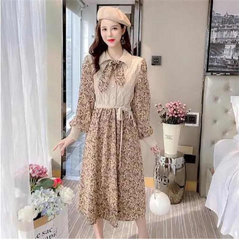 Autumn and Winter Floral Corduroy Dress Stitching Fake Two-piece Woven Waist Tie Bow Coat Sweater Dress