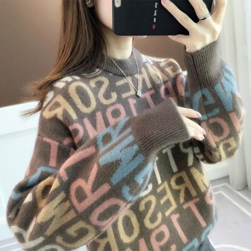 Autumn Winter Ladies Sweater Women Half High Neck Long Sleeve Pullover Loose Outer Wear Casual Thick