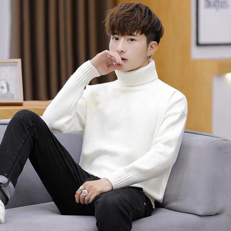Autumn and Winter High Neck Men's Sweater Personality Youth Loose Knit Sweater Long Sleeve Solid Color Warm Top