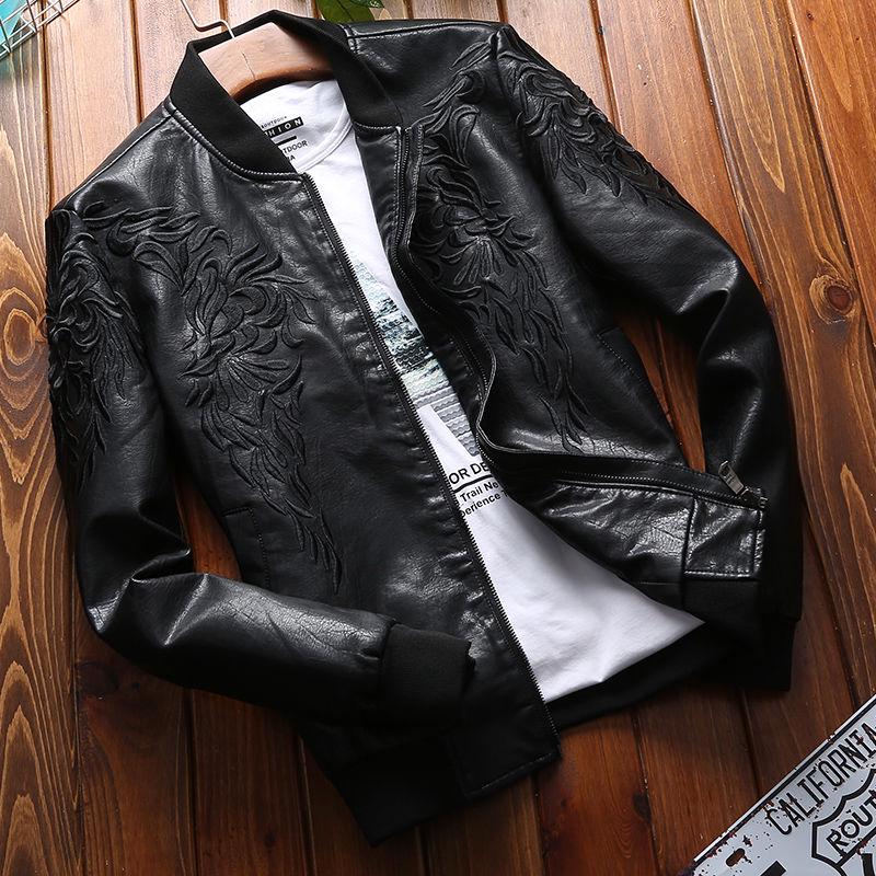 Men's Leather Jackets Embroidery Print Stand Collar Zipper Coat Motorcycle Leather Jacket Mens Coats