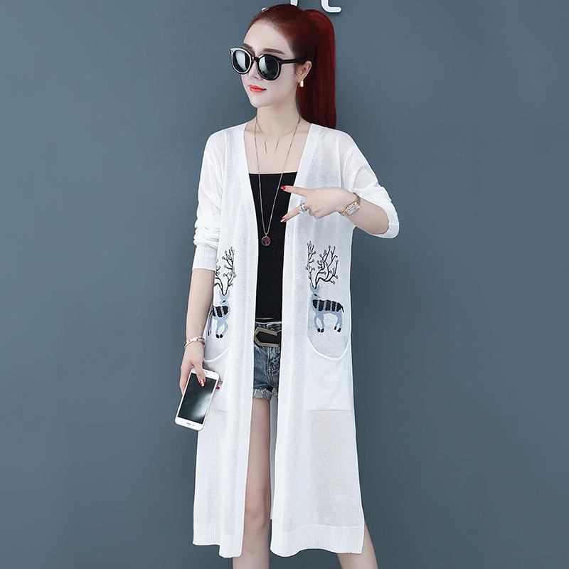 Ice Silk Cardigan with Women's Mid-length Knitted Shawl Long-sleeved Jacket Sunscreen Clothing Thin Air-conditioning Shirt Light and Breathable
