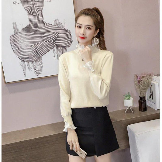 Half High Neck Long-sleeved Sweater Wooden Ears Sweet Beauty Sweater