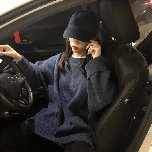 8 Colors Women Warm Oversize O-Neck Loose Sweater Blouse Simple Color Girly Sweaters