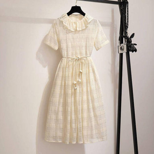 Vintage Dress Summer Peter Pan Collar Short Sleeve Lace A-line Dress Belted Pleated Dress