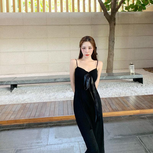 Female High Cotton Dark Green Suspender Party Dress Slim Black Vintage Elegant Holiday Dress