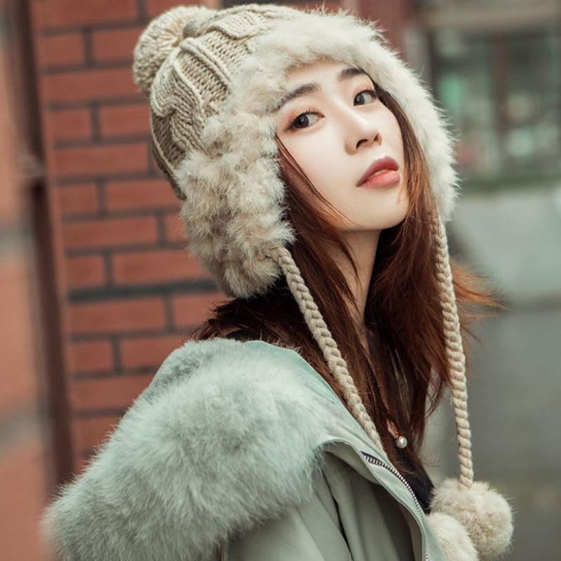 Winter Women's Hats Fashion Rabbit Fur Knitted Hats Plush Ear-covering Warm Woolen Caps Thickened Warmth Outing Hats