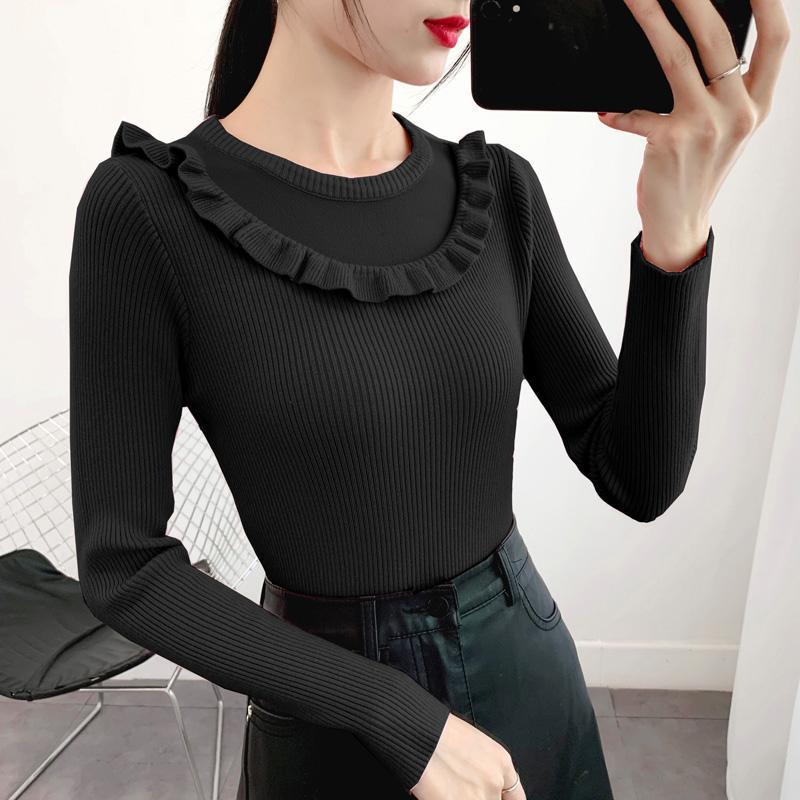 Sweater Women's Ruffled Collar Pullover Knitwear Korean Style Slim Solid Color Top Trendy Sweater Autumn and Winter Lady Style