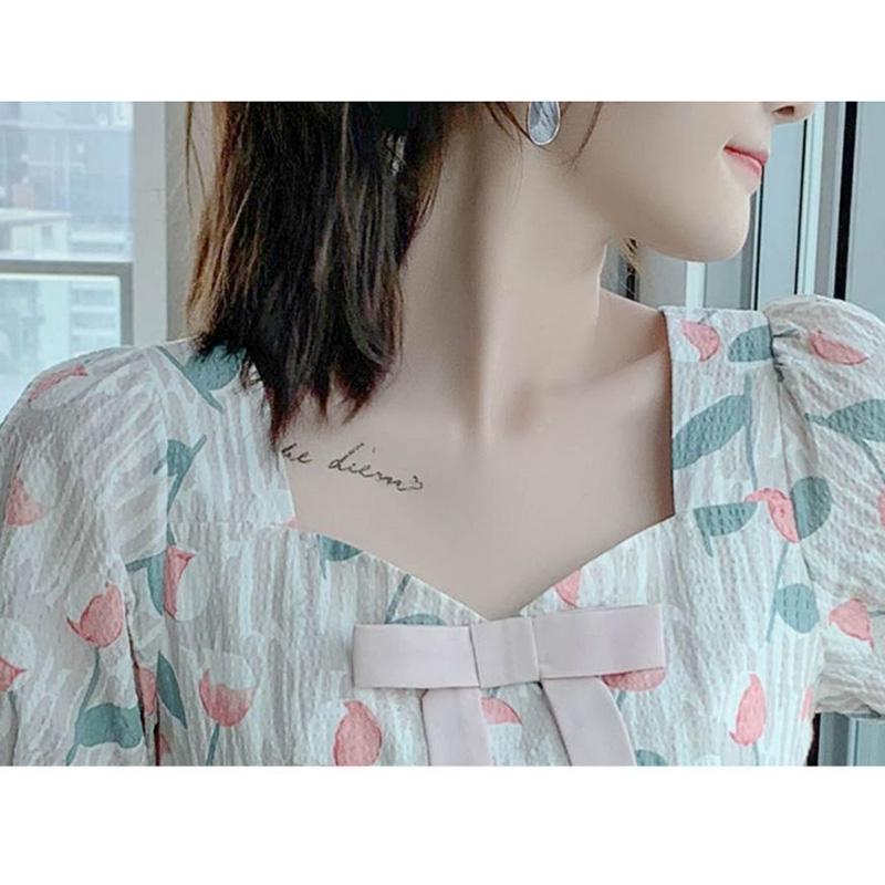 French Chiffon Dress Waist Is Thin Sweet Floral Skirt Lady Mid-length Floral Dress A-line Dress Slim Fabric Light and Breathable
