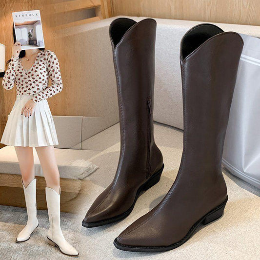 Leather Knee High Boots for Women Pointed Toe High Boots Ladies Chunky Heels Cowboy Boots Winter