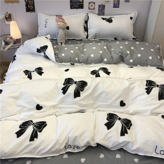 Four-piece Bed Linen Girl Heart Quilt Cover Quilt Bowknot Bedding Set Simple Princess Style
