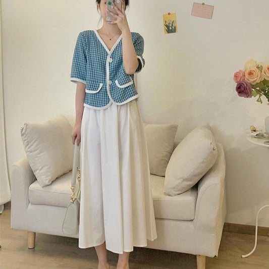 Women Elegant Casual Skirt Suit Summer V-Neck Long Skirt Vintage Two-piece Set Female Slim Holiday Skirt Set