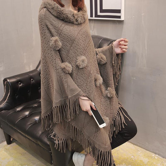 Women's Loose Sweater Outer Wear Fur Collar Batwing Sweater Hand-woven Tassel Cloak Knit Shawl Autumn Winter