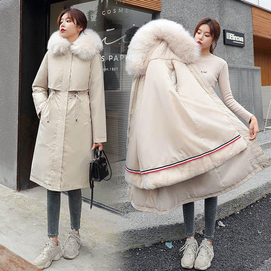 Detachable Overcoming Women's Mid-length Over-the-knee Large Fur Collar Slim-fitting Plus Velvet Padded Coat Loose One-coat Three-wear