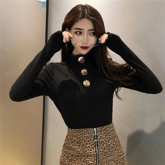 Fashion Sweater Women's Button Design Autumn and Winter Wild Slim Bottoming Sweater