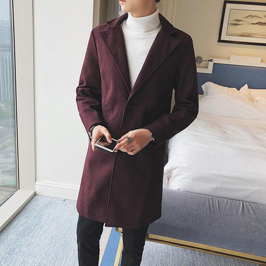 Autumn and Winter Men's Casual Woolen Coat Mid-length Windbreaker Slim Large Size Coat