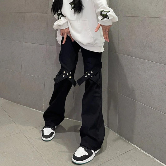 American High Street Tidal Card Gradient Straps Jeans Women Loose High Waist Wild Long Pants INS Tide