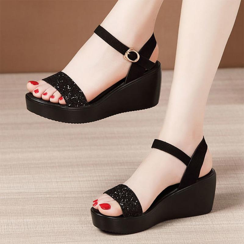 One Word Buckle Wedge Heel Sandals Women's Waterproof Platform Casual Work All-match Fashion Sandals