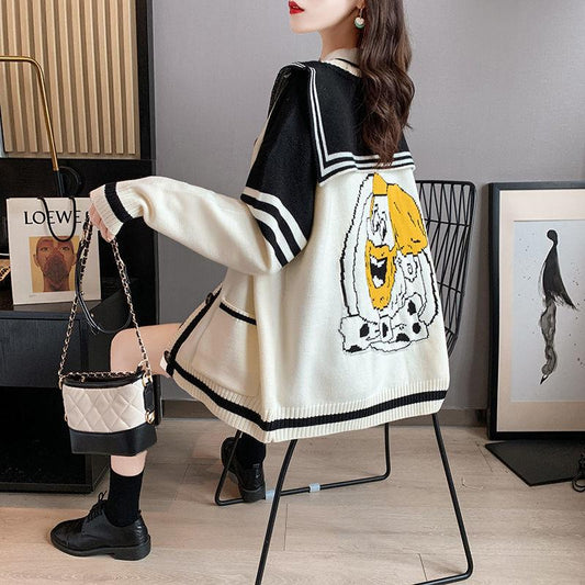 Autumn Winter Navy Collar Long-sleeved Knitted Cardigan Women Loose Casual Fashion Ladies Sweater Coat College Style