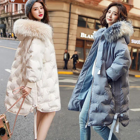 Women's Solid Color Embroidered Down Jacket Mid-length Korean Style Loose Thick Coat Warm Cotton Coat Large Fur Collar Winter Quilted Jacket