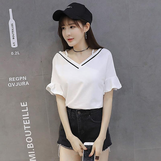 V-neck T-shirt Women Loose Shoulder Short-sleeved Off-shoulder Open Back Flared Sleeve Top Clothes Bottoming Shirt Compassionate Sweet Style