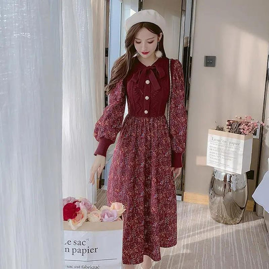 Autumn and Winter Fake Two-piece Stitching Floral Sweater Knit Bottoming Skirt Loose Long A-line Dress