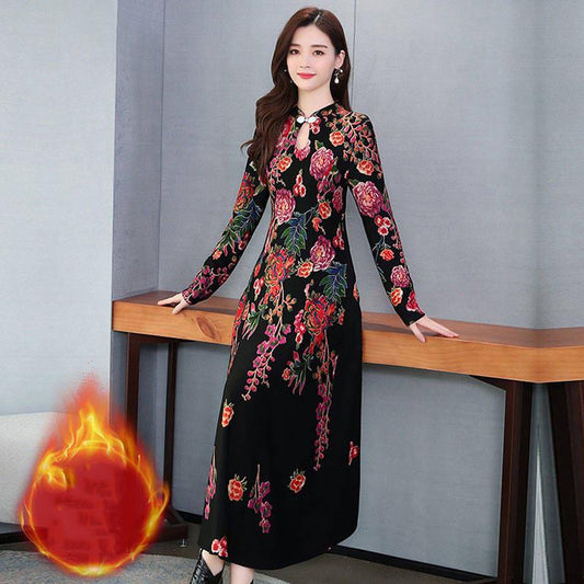 Long Party Dress Women Formal Flower Jacquard Slim Elegant Long Sleeve Fit Lady Dresses