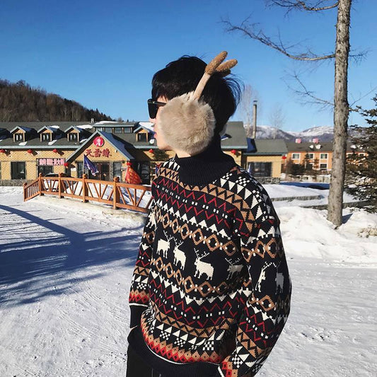 Couple Sweater Christmas Theme Winter 2 Colors Elk Print O-neck Loose Retro Unisex Pullover
