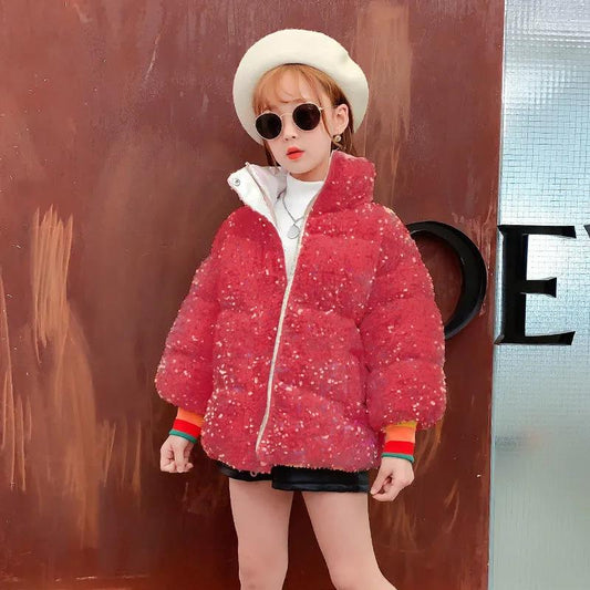 Girls Warm Cotton Clothes Korean Winter Windproof Jacket Thick Cotton Jacket Sequins Cotton Coat