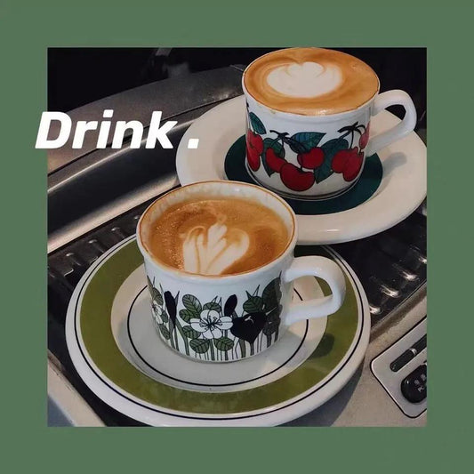 Finland Ins Same Paragraph Medieval Mint Green Grass Coffee Cup Saucer Milk Mocha Ceramic Cup Flower Tea Cup Cherry