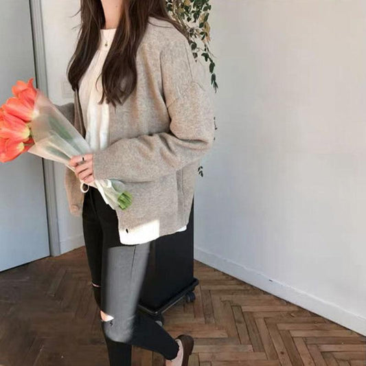 Spring and Autumn Fashion Top Loose V-neck Jacket Cardigan Simple Female Student Sweater