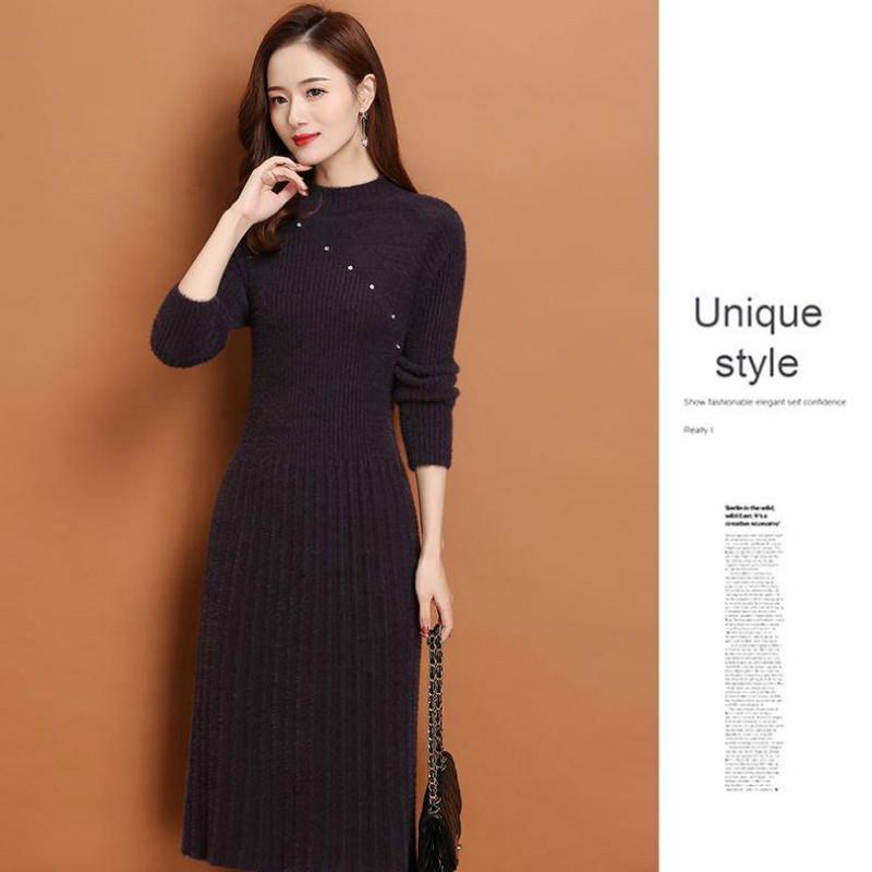 Women Imitation Mink Cashmere Sweater Beaded Knit Dress Long Section Slim Bottoming Skirt